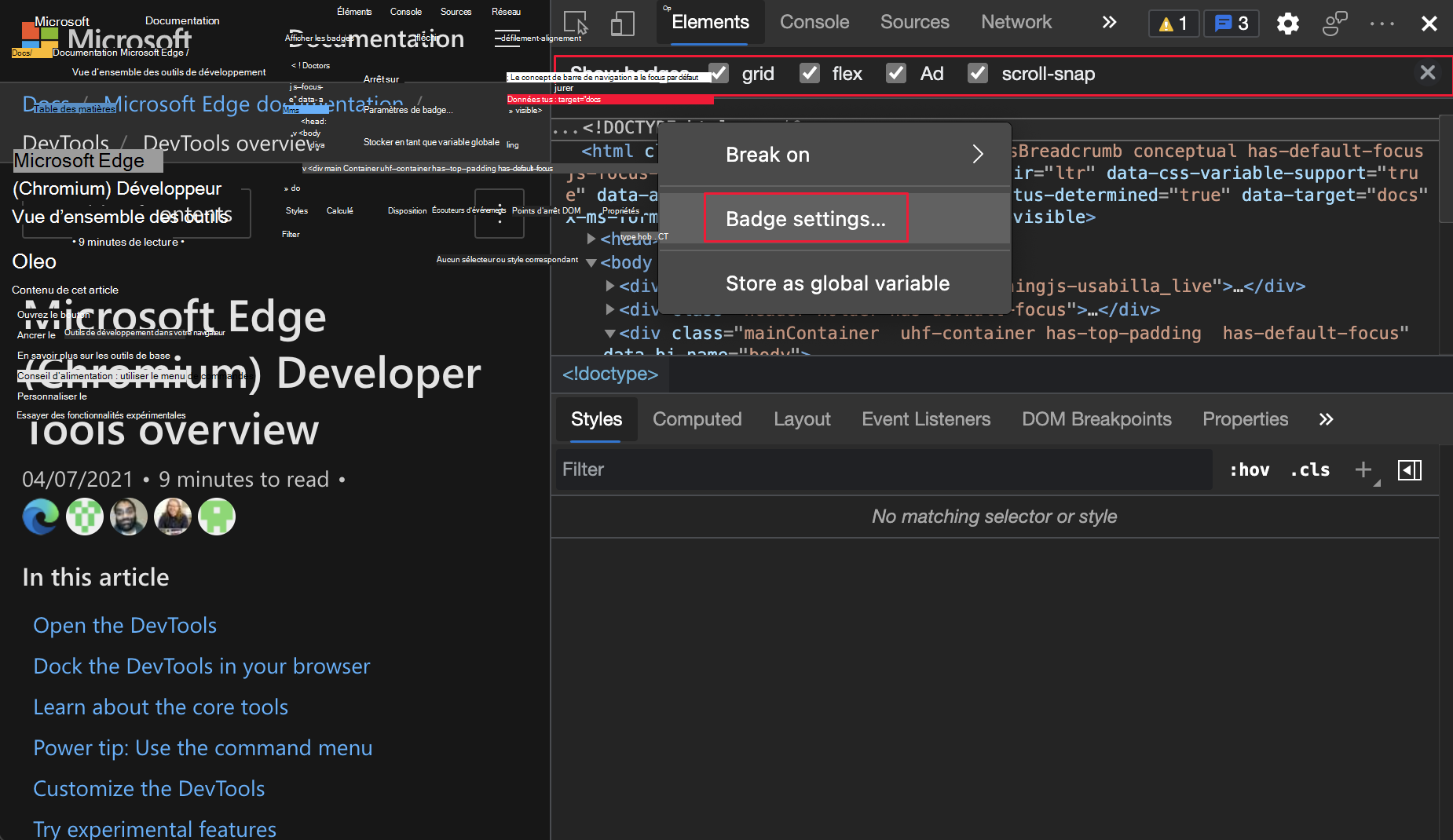 Volet Paramètres de badge dans l’outil Éléments