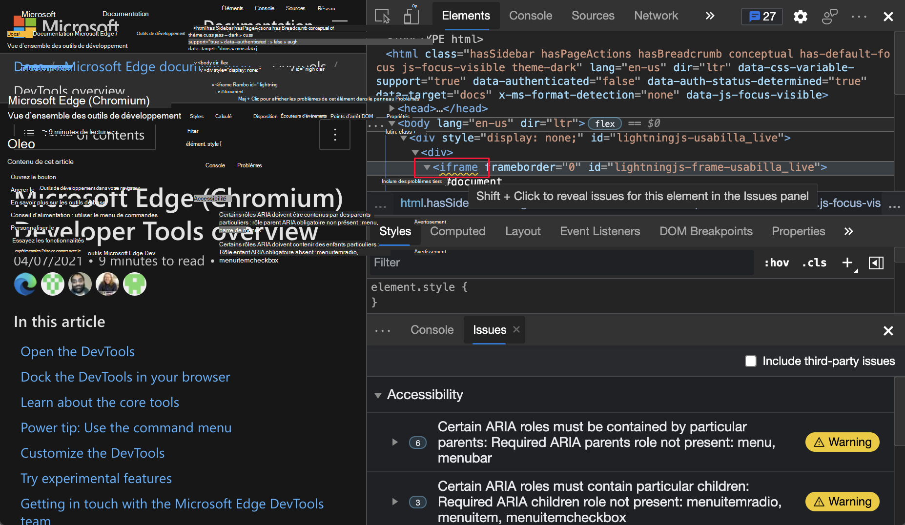 Sélection de l’erreur soulignée dans l’outil Éléments