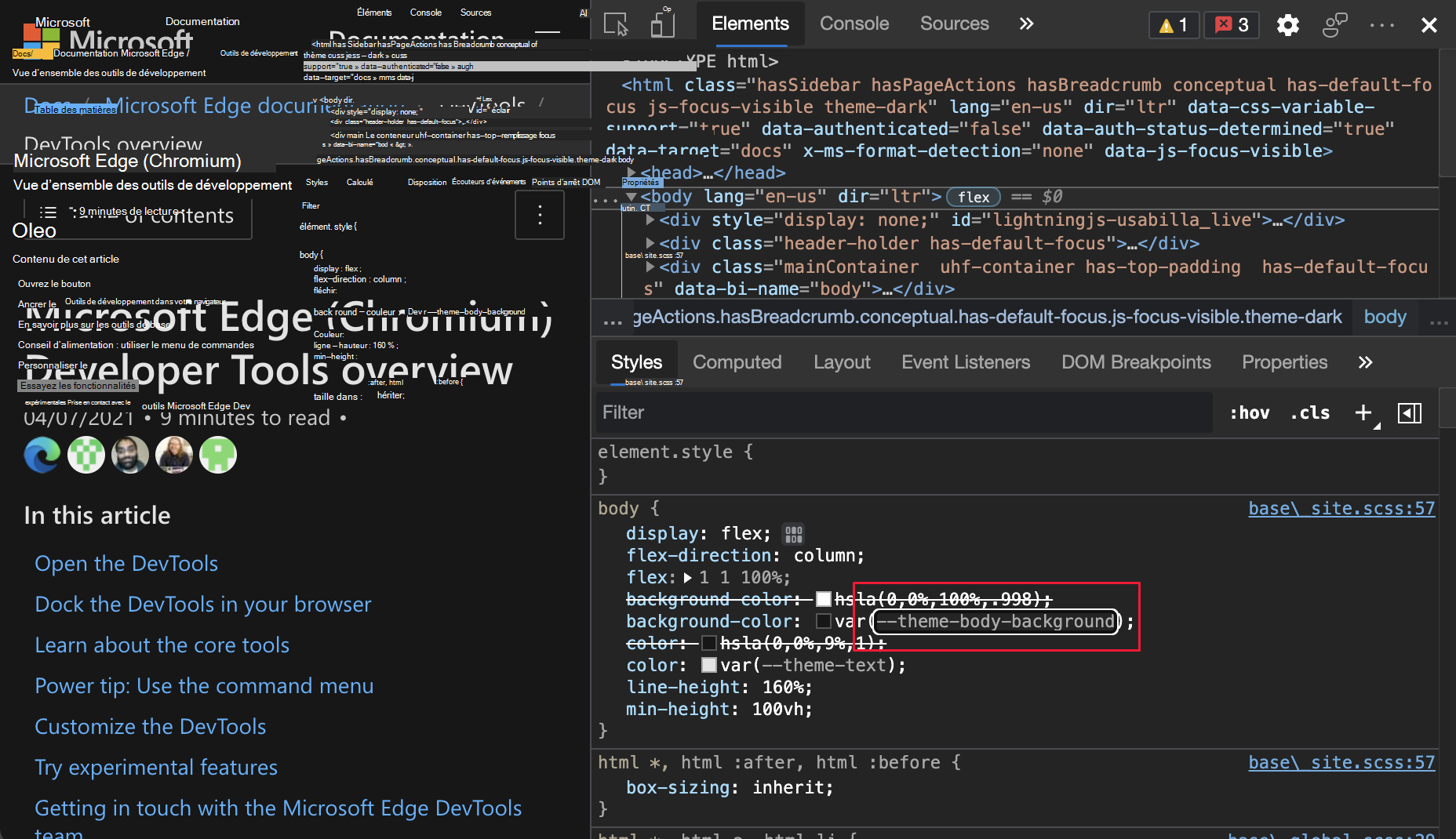 Variable CSS « --theme-body-background » mise en surbrillance dans le volet Styles