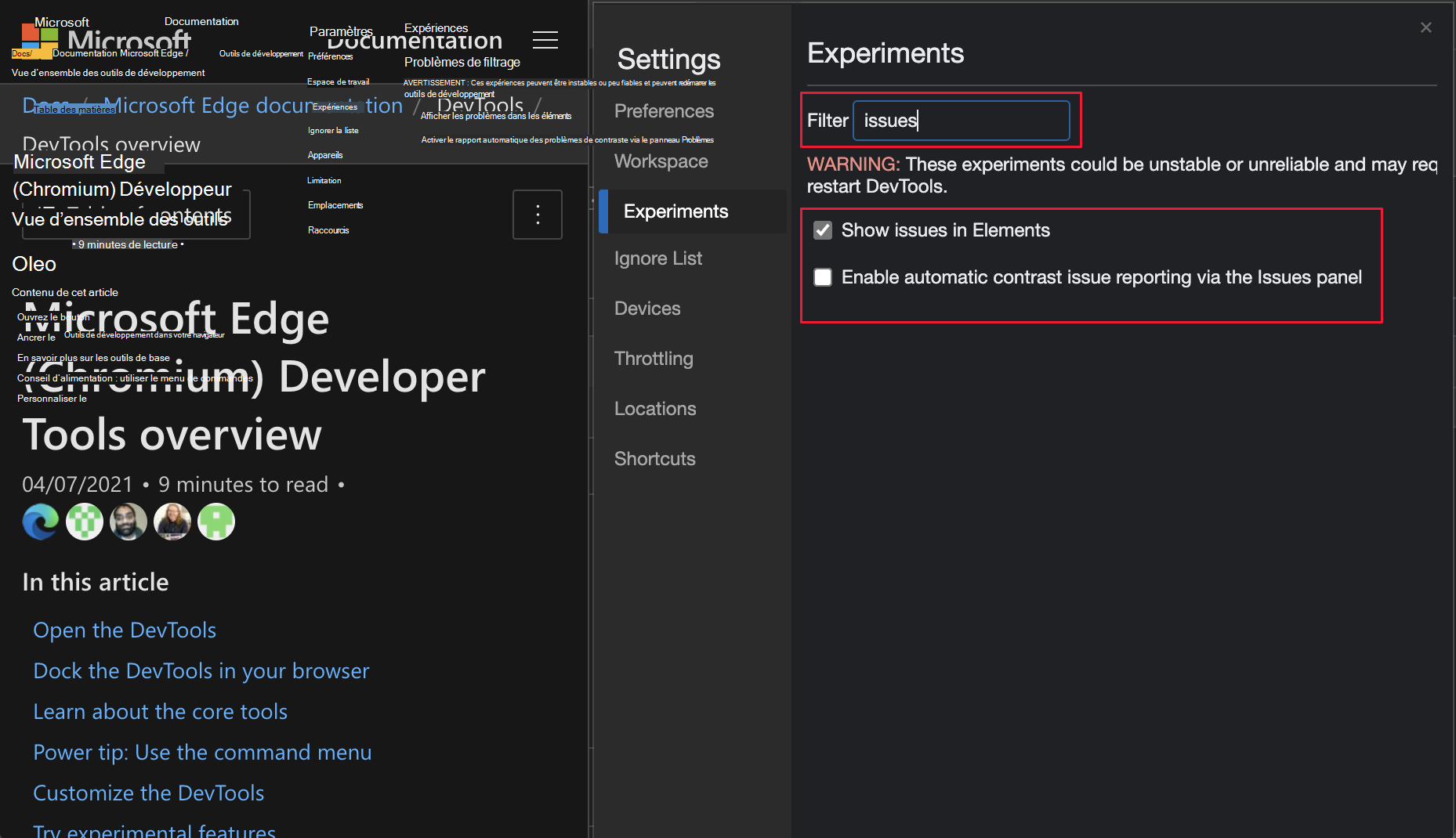 Filtrer les expériences dans le paramètre Expériences