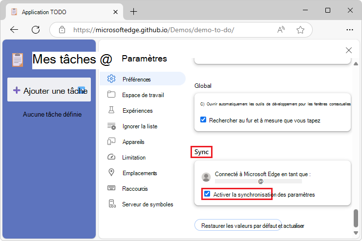Case à cocher « Activer la synchronisation des paramètres »