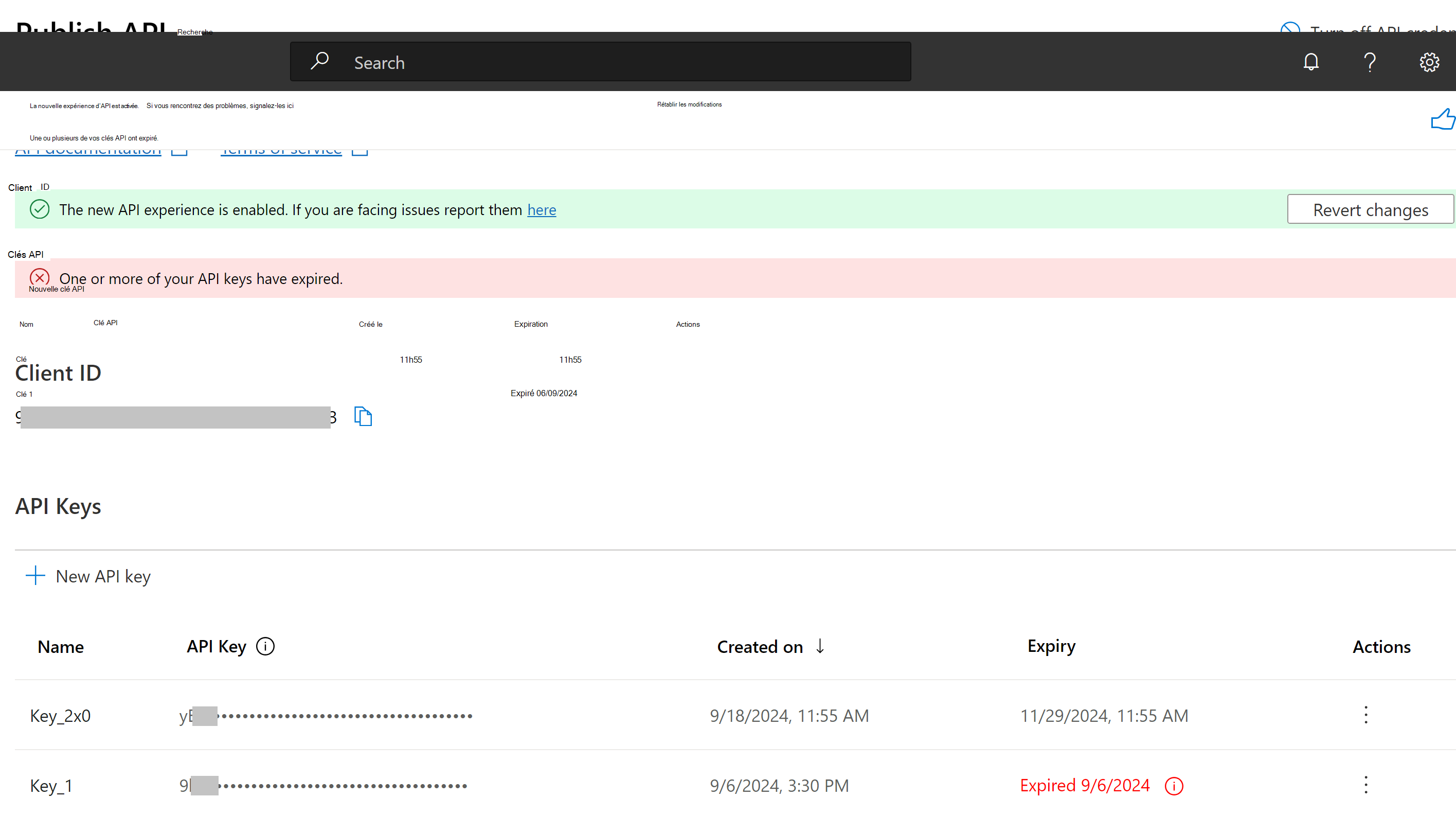 La page « Publier l’API » dans l’Espace partenaires après avoir cliqué sur « Créer des informations d’identification d’API », affichant désormais l’ID client et la clé API