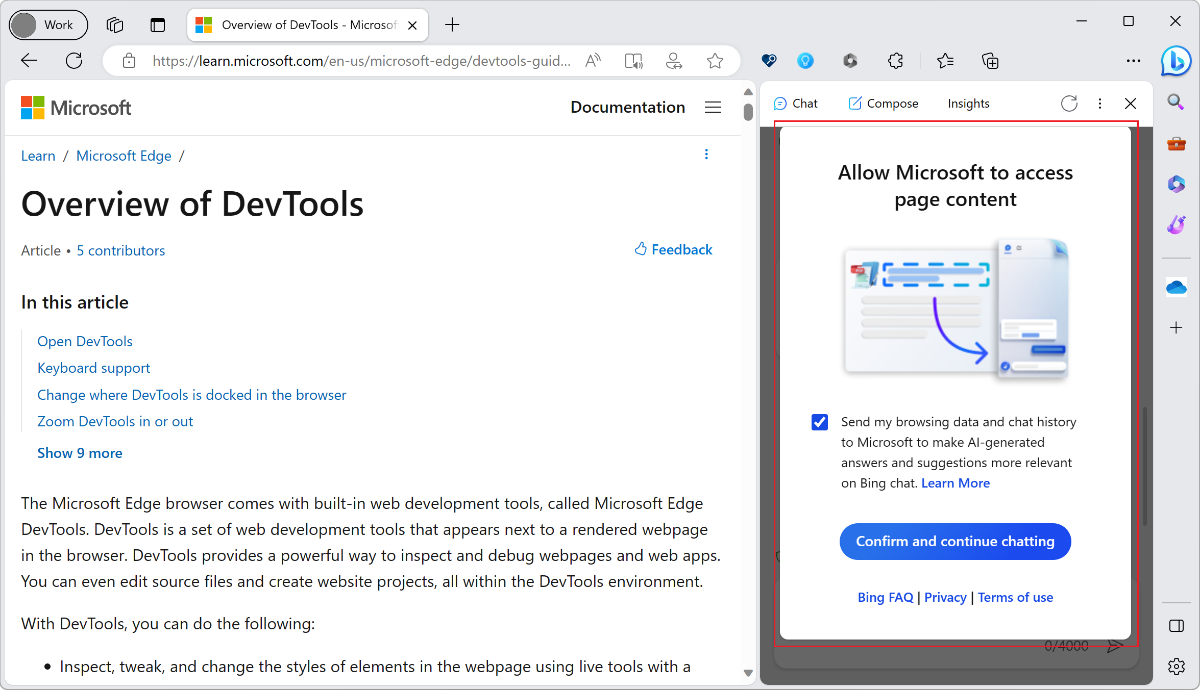 Copilot demandant le consentement pour accéder au contenu de la page dans Microsoft Edge