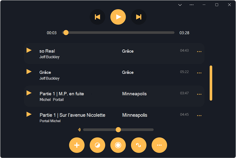 Capture d’écran de l’application PWAmp, montrant des boutons de lecture et une liste de chansons