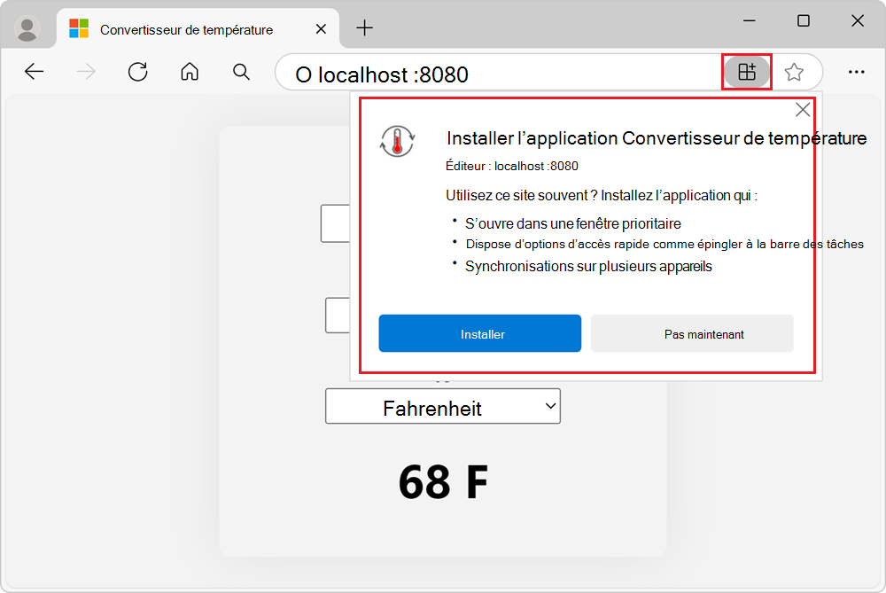 Microsoft Edge, avec l’exemple PWA dans un onglet. Le bouton Application disponible dans la barre d’adresses a été cliqué et l’invite d’installation s’affiche.