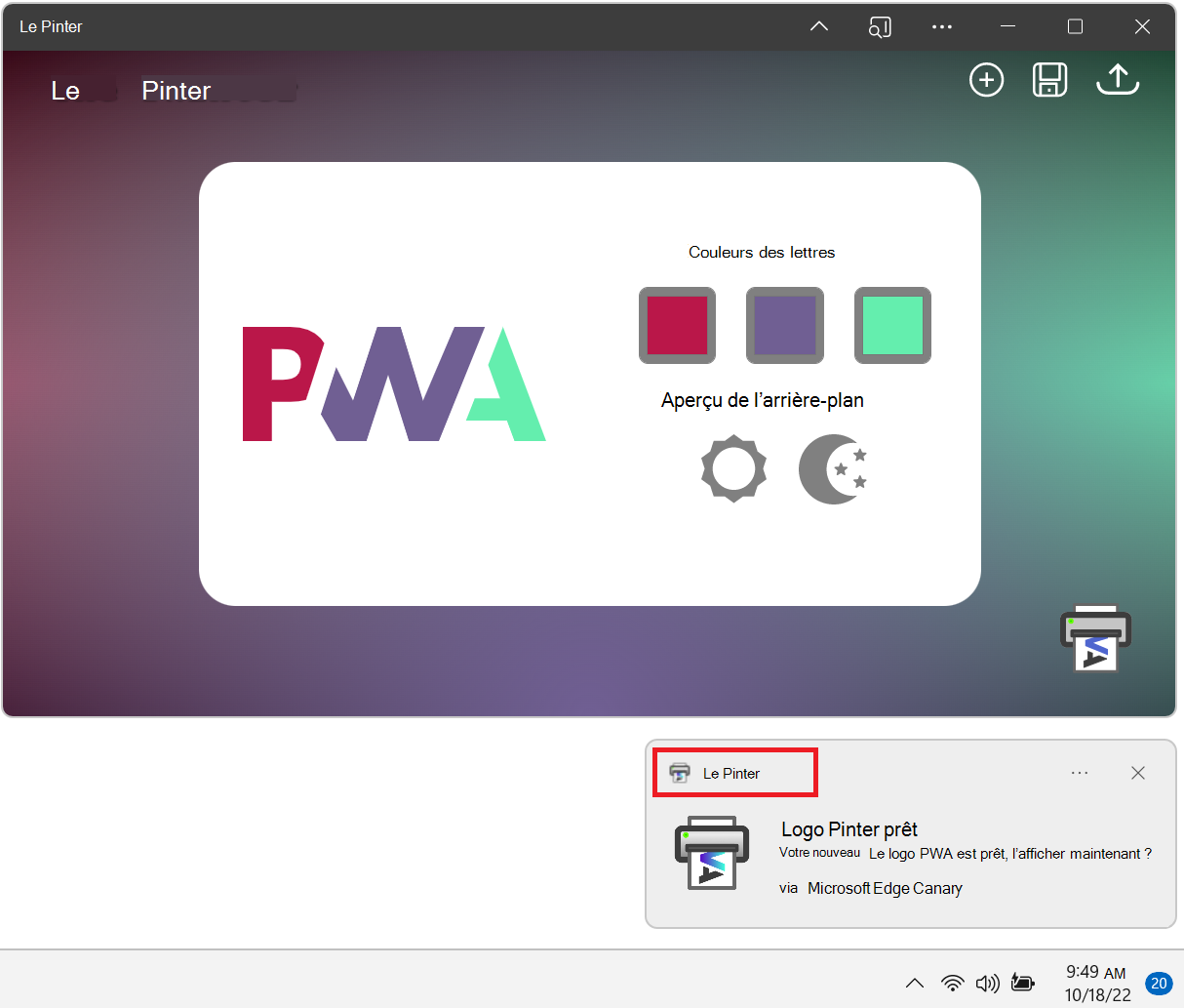 Une fenêtre d’application PWA, avec une notification affichée près de la barre des tâches Windows. La notification a l’icône PWA et le nom