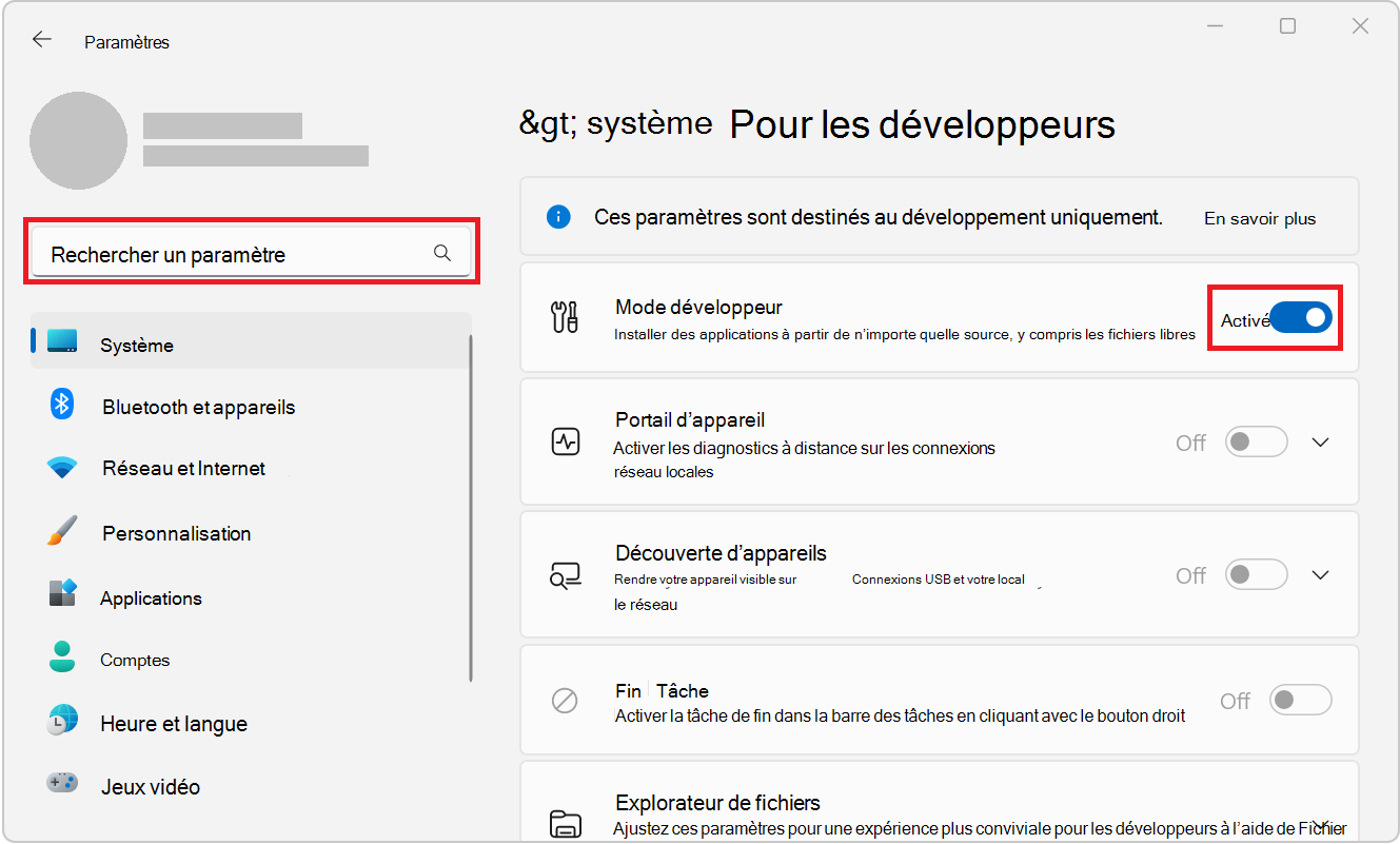Paramètres développeur de Windows 11