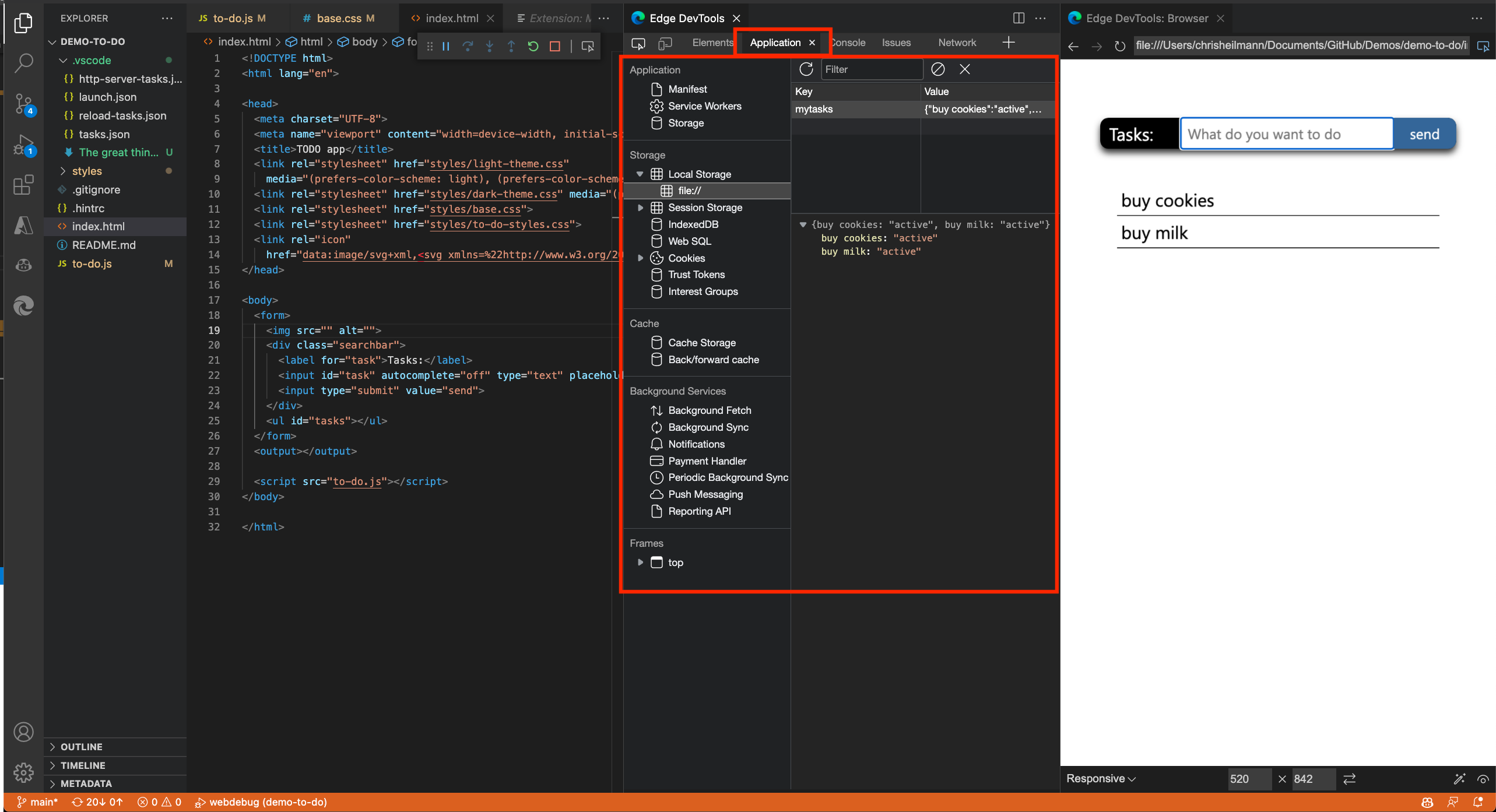 L’outil Application dans l’extension Edge DevTools pour Visual Studio Code