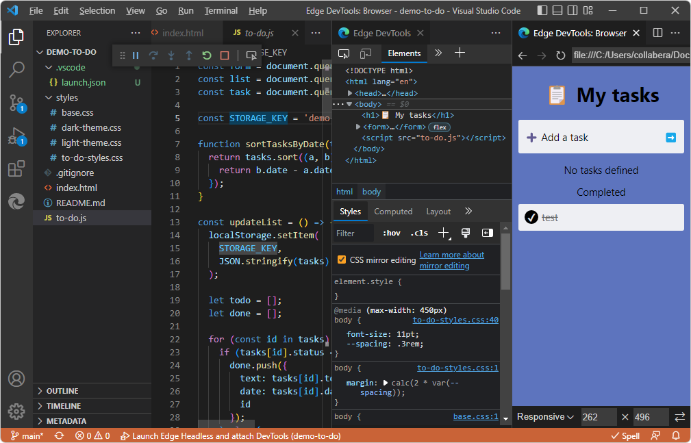 Le bouton Inspecter ouvre Microsoft Edge DevTools dans Visual Studio Code