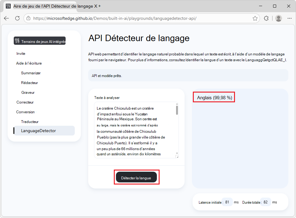 Page de démonstration du détecteur de langage avec des paramètres et un bouton Détecter