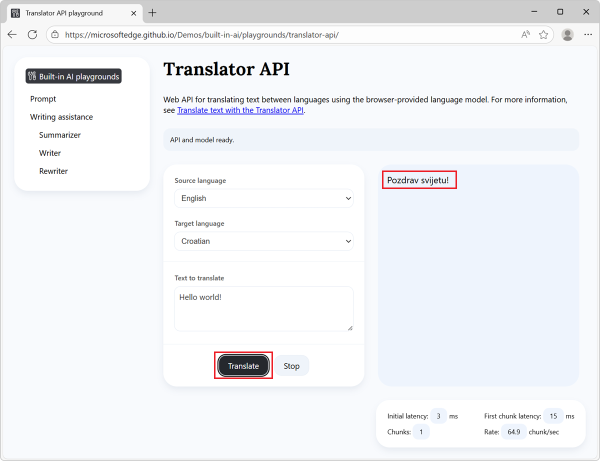 Page de démonstration Translator avec des paramètres et un bouton Traduire