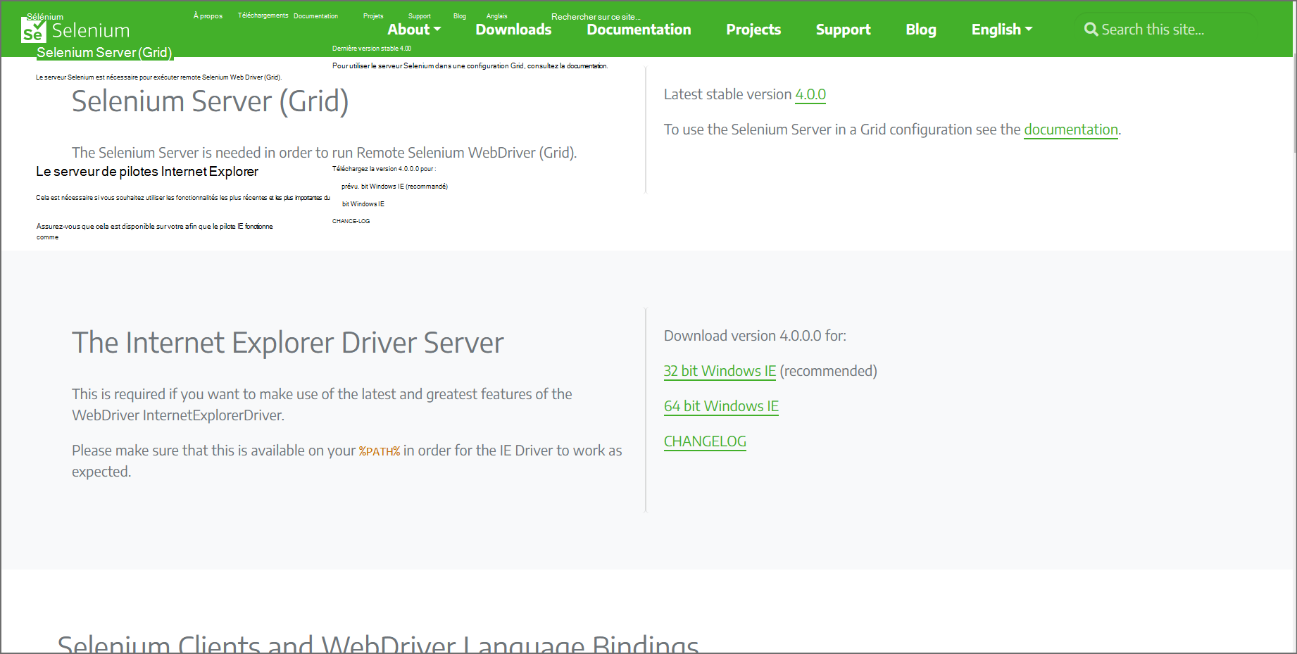La section IEDriver de la page Téléchargements pour Selenium