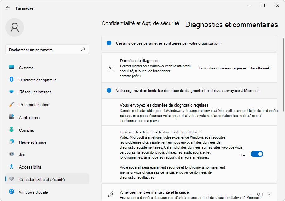 Paramètres sur Windows 11 pour les données de diagnostic