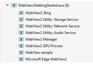 Gestionnaire des tâches montrant une application qui utilise WebView2, avec la dernière version de Windows