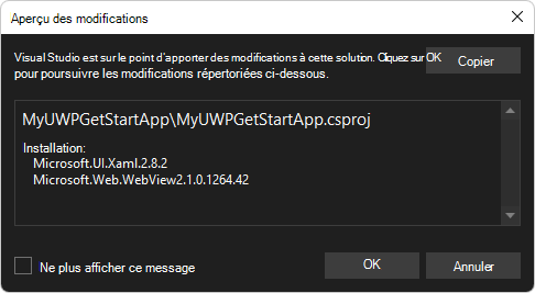 Boîte de dialogue « Aperçu des modifications » pour l’installation du package Microsoft.UI.Xaml