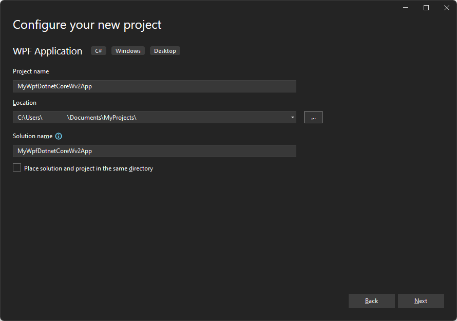 Boîte de dialogue « Configurer votre nouveau projet : application WPF » pour un projet .NET Core/5/6