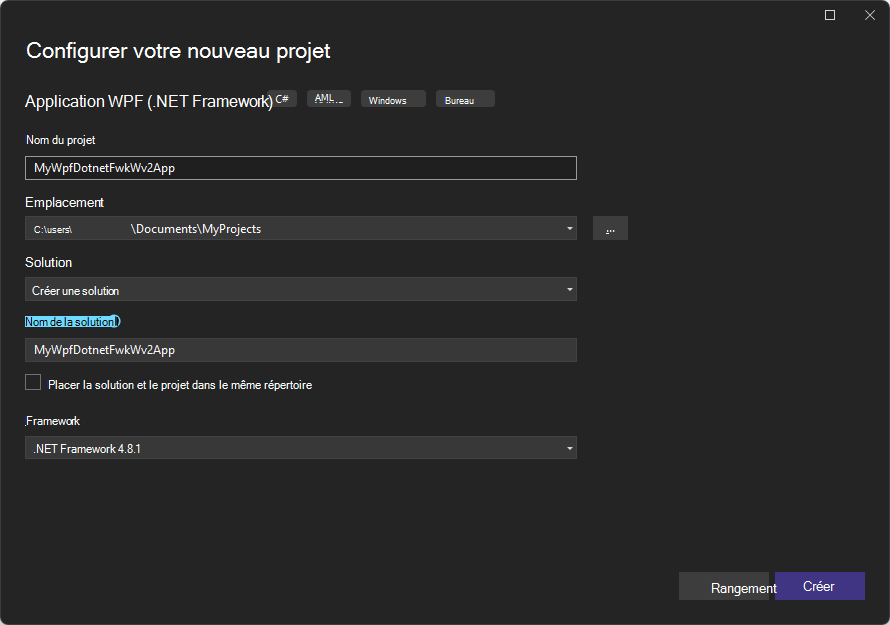 Boîte de dialogue « Configurer votre nouveau projet : application WPF (.NET Framework) »