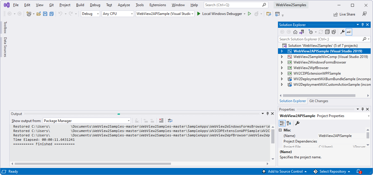 Visual Studio 2022 après avoir exécuté le programme d’installation de la charge de travail lors de l’ouverture de l’exemple d’API multiplateforme et complète