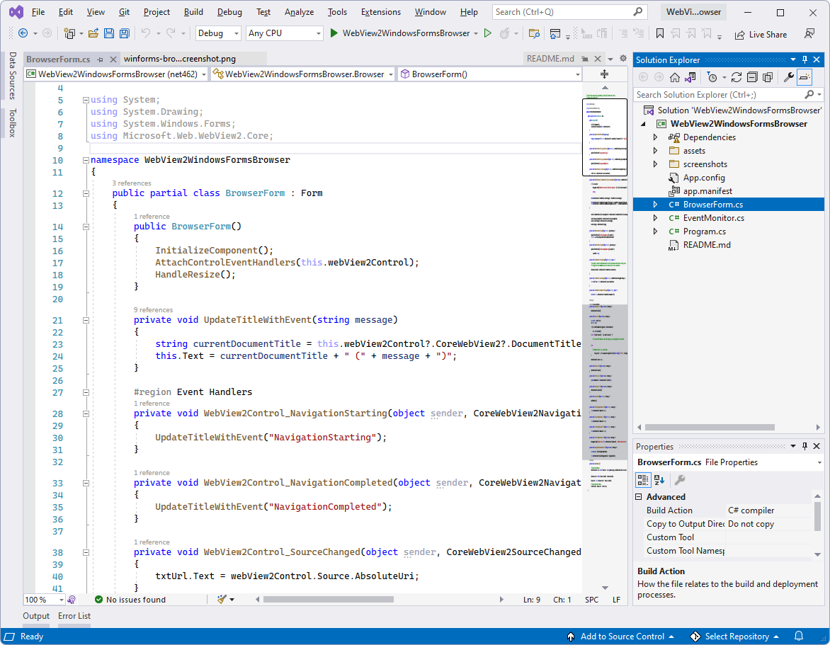 Le projet WebView2WindowsFormsBrowser dans Visual Studio