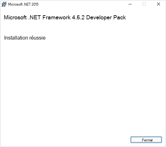 Boîte de dialogue « Installation réussie » du Pack de développement Microsoft .NET Framework