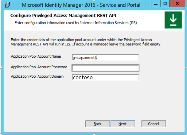 Fenêtre Configurer l’API REST Privileged Access Management