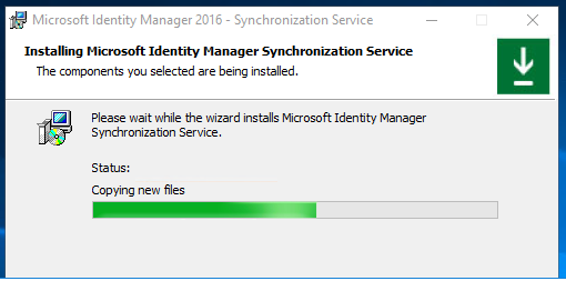 Fenêtre de progression de l’installation du service de synchronisation Microsoft Identity Manager