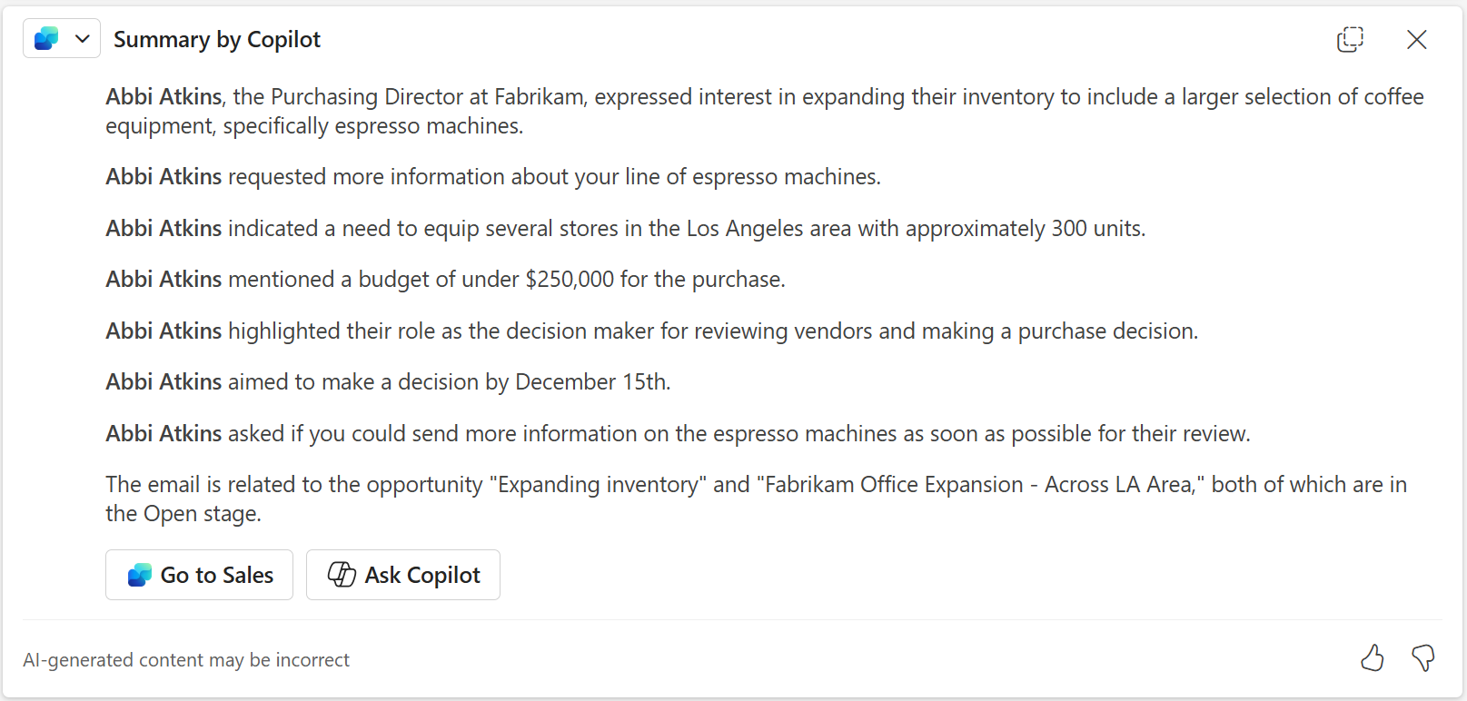 Capture d’écran montrant un résumé par courrier électronique avec Sales Insights dans Outlook.