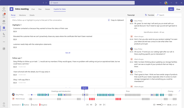 Capture d’écran montrant l’intelligence de conversation dans le résumé de la réunion Teams.