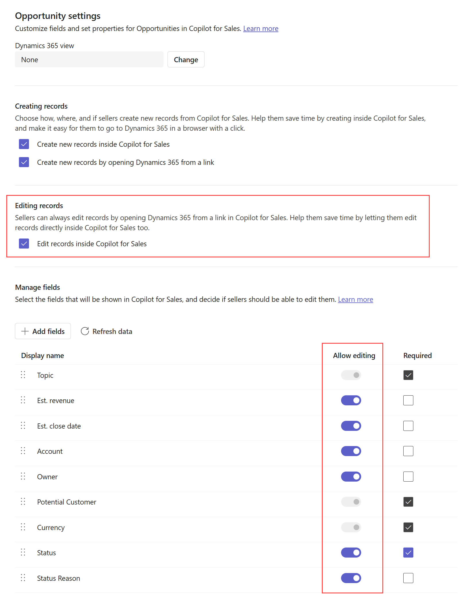 Capture d’écran montrant comment activer la modification des enregistrements et des champs dans Copilot for Sales.