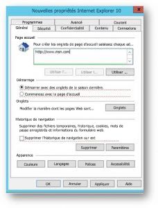 Boîte de dialogue Propriétés d’Internet Explorer 10.
