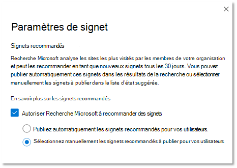 Capture d’écran des paramètres de signet recommandés dans le portail d’administration Microsoft 365.