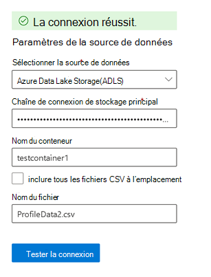Connecteur CSV avec paramètres de source de données pour une source Azure Data Lake Storage.