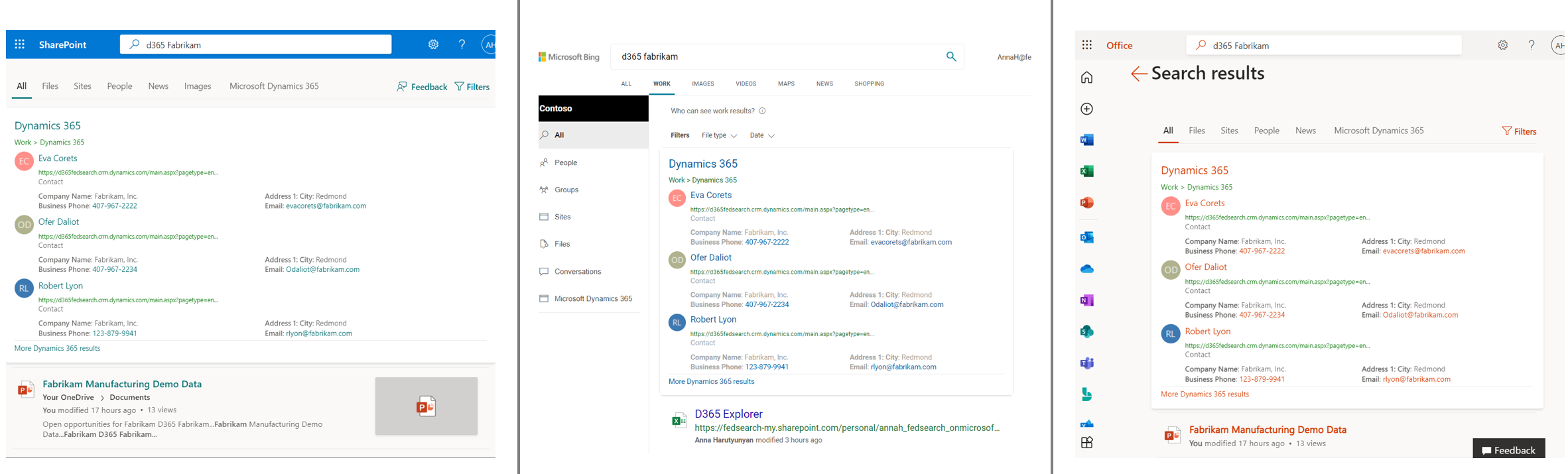 Capture d’écran des réponses Dynamics 365 sur SharePoint, Bing et Office.