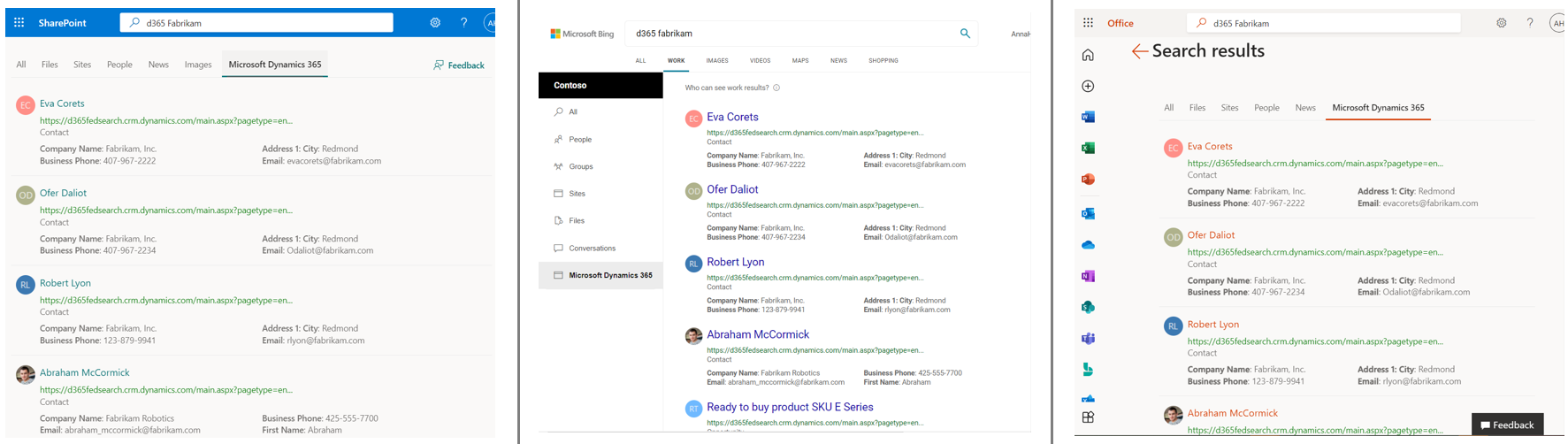 Capture d’écran de Dynamics 365 vertical et des résultats sur SharePoint, Bing et Office.