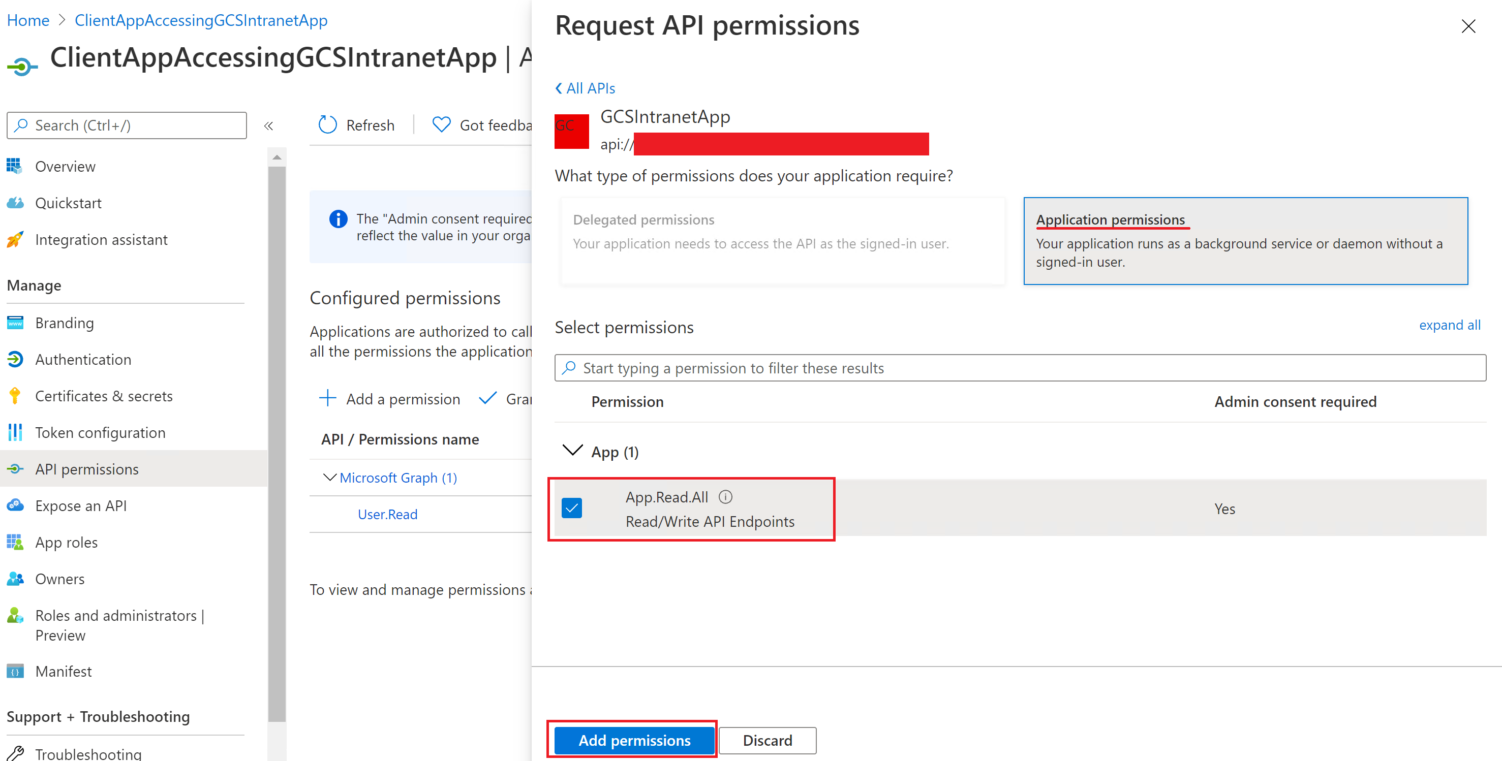 Image montrant les autorisations sélectionnées.