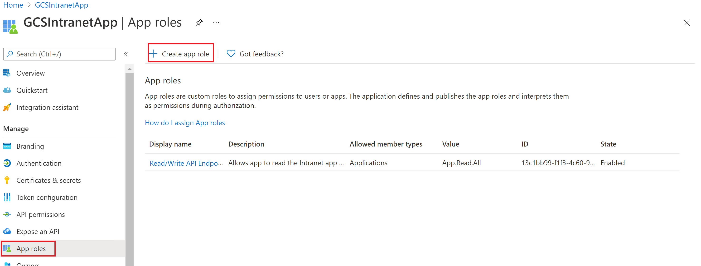 Image montrant l’option permettant de créer un rôle d’application.