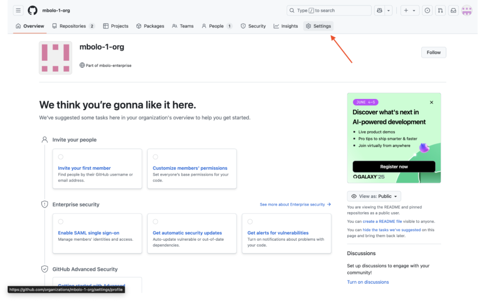 Capture d’écran de GitHub avec les paramètres mis en évidence