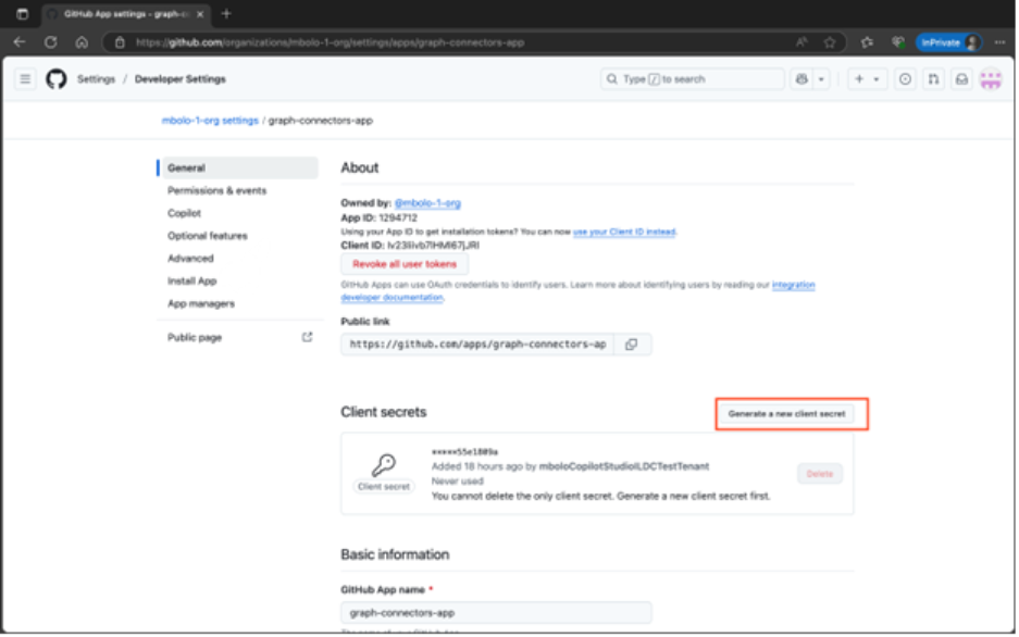 Capture d’écran de GitHub avec Générer une nouvelle clé secrète client mise en évidence.