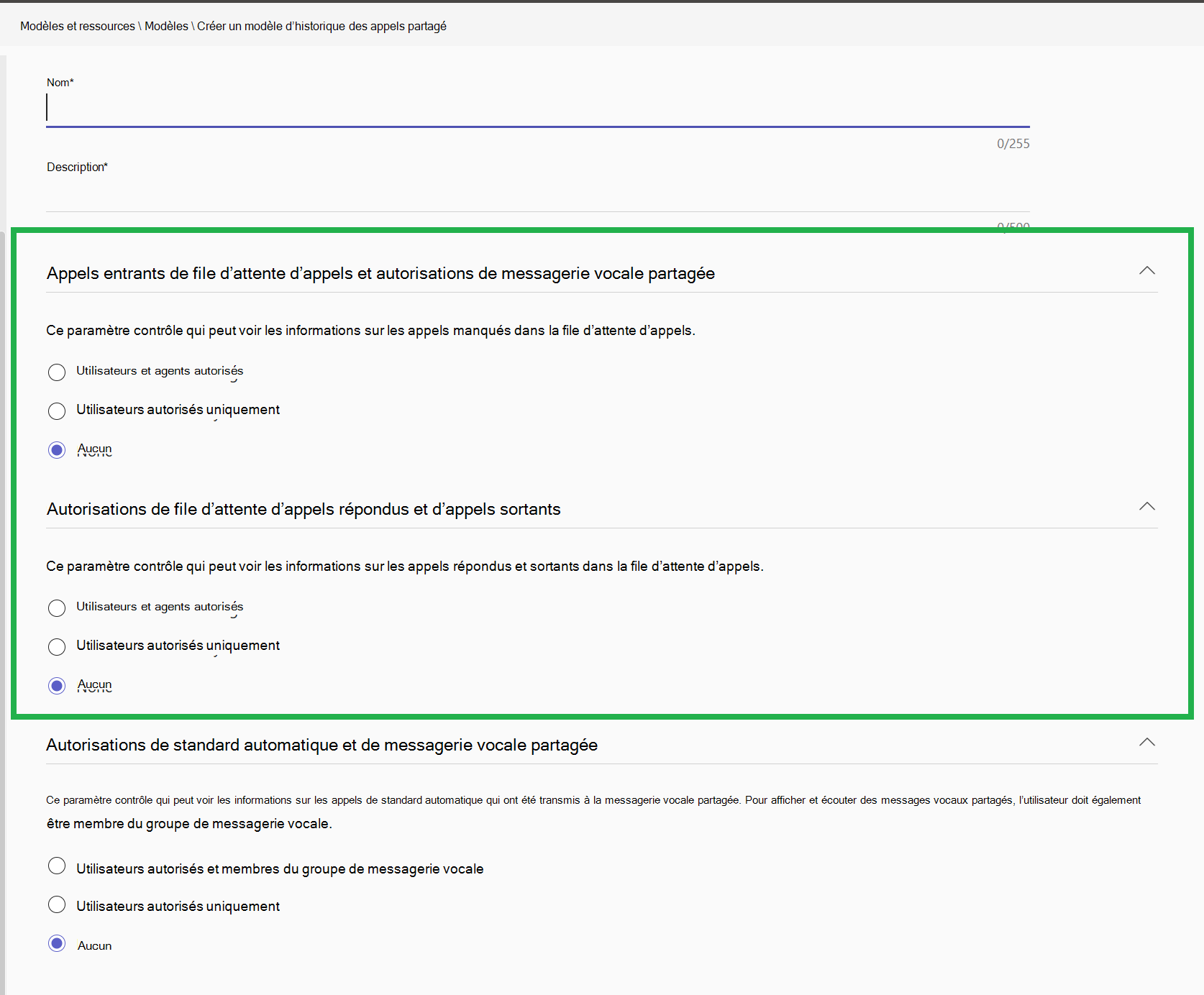 Capture d’écran montrant le modèle d’historique des appels partagés et mettant en surbrillance la partie de la file d’attente des appels.
