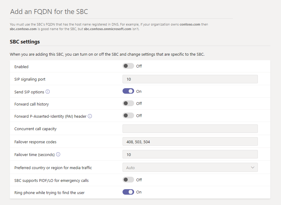 Capture d’écran de la page ajouter SBC dans le Centre d’administration Microsoft Teams.