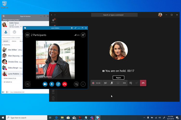 Capture d’écran du scénario better together hold screen avec Teams et Skype Entreprise.
