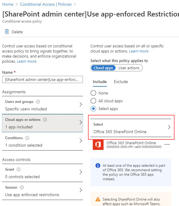 SharePoint est sélectionné en tant qu’application ciblée.