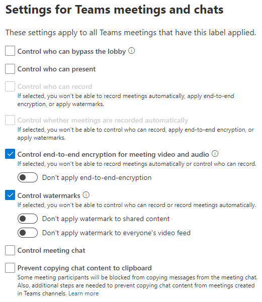 Capture d’écran des paramètres d’étiquette de confidentialité de réunion montrant la configuration dans cette procédure.