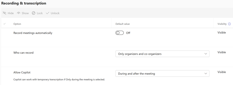 Capture d’écran des stratégies d’enregistrement Teams pour les modèles de réunion dans le Centre d’administration Teams.