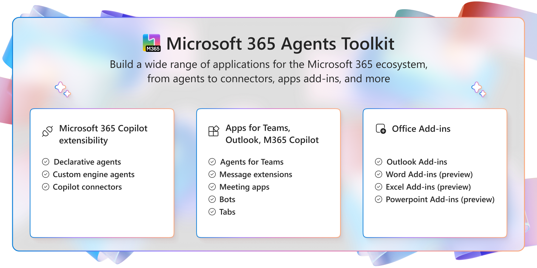 Avec Agents Tookit, vous pouvez créer Microsoft 365 Copilot extensibilité, des applications pour Teams, Outlook et M365 Copilot, et des compléments Office.