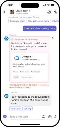 L’image montre l’interaction du bot lorsque l’utilisateur refuse l’accès ou que la demande expire