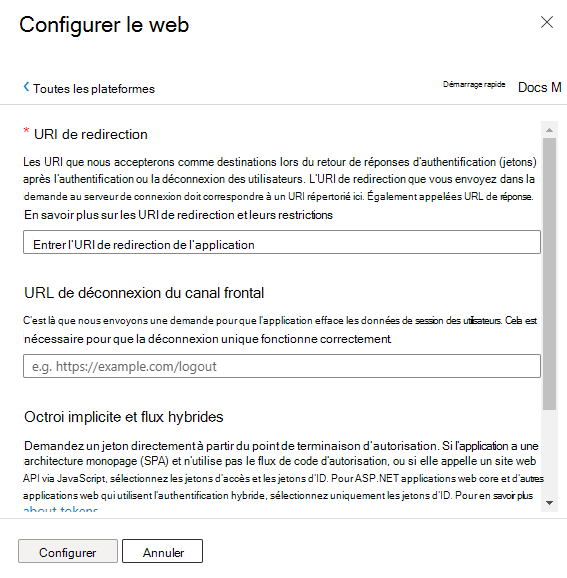 Capture d’écran de la configuration de la plateforme web.
