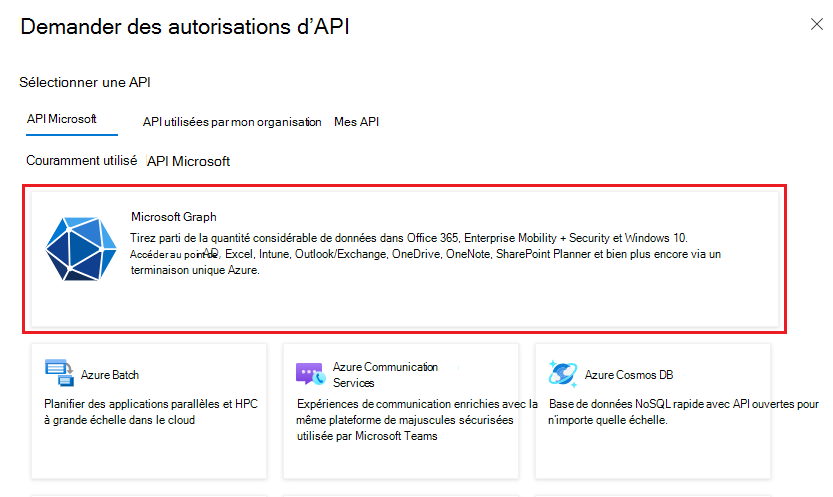 La capture d’écran montre la page demander des autorisations d’API.