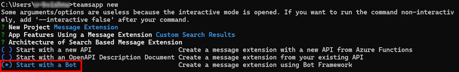 Capture d’écran montrant l’extension de message, les résultats de recherche personnalisés et démarrer avec une option de bot sélectionnée dans la fenêtre CLI.