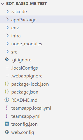 Capture d’écran montrant tous les fichiers disponibles dans le projet d’extension de message créé dans teams Toolkit.